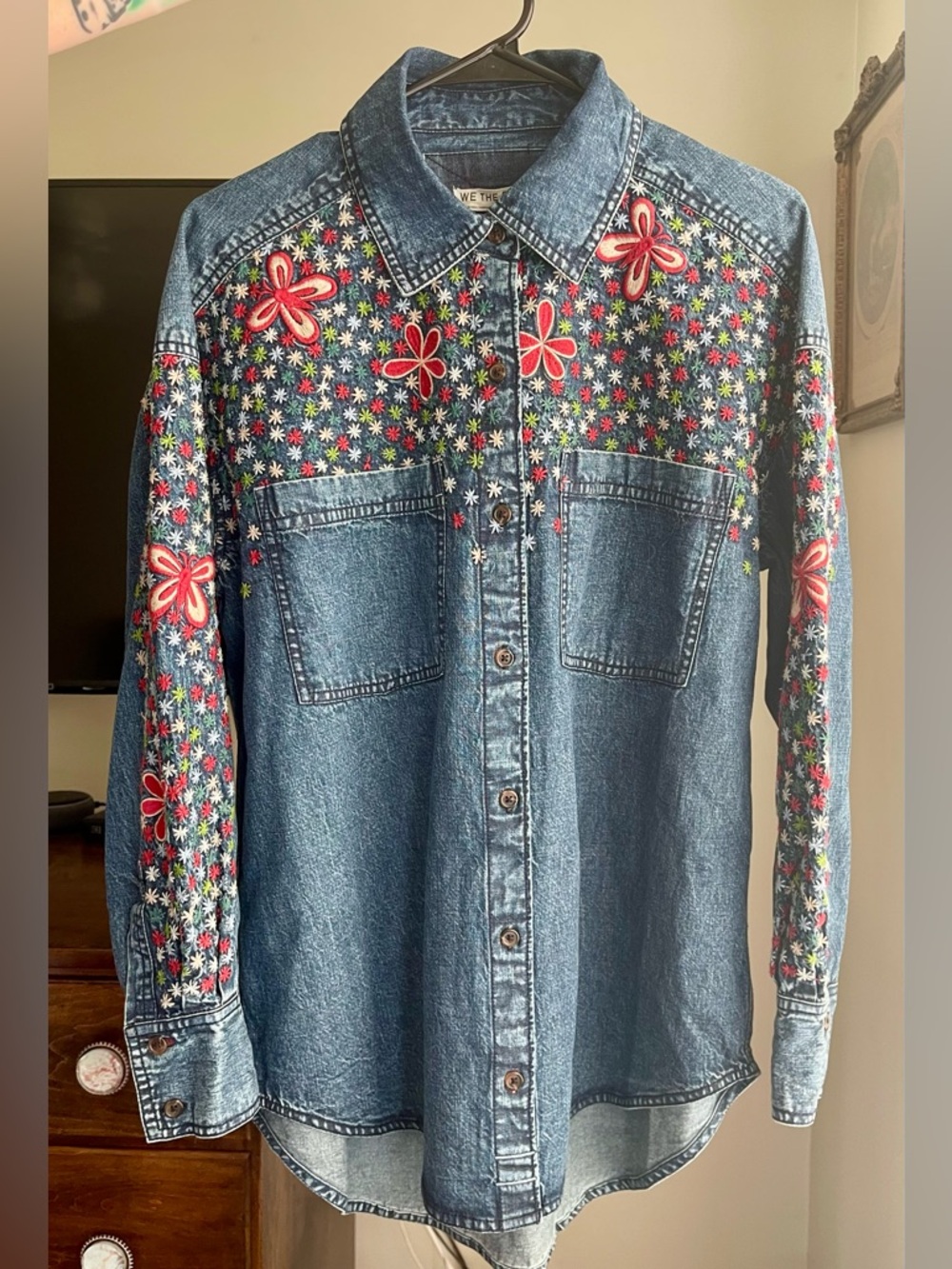 NWT- We The Free Rainbow Embroidered Denim Shirt - Picture 3 of 3